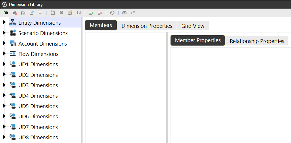 The Dimension Library screen has a toolbar row on the top with icons and a list of different dimension types that are created and maintained in the dimension library on the left side of the screen. Each dimension type has an arrow to the left that can be expanded. Entity Dimensions is selected to show the Members, Dimension Properties, and Grid View tabs. The Members tab is selected to show the next level of tabs for Member Properties and Relationship Properties.